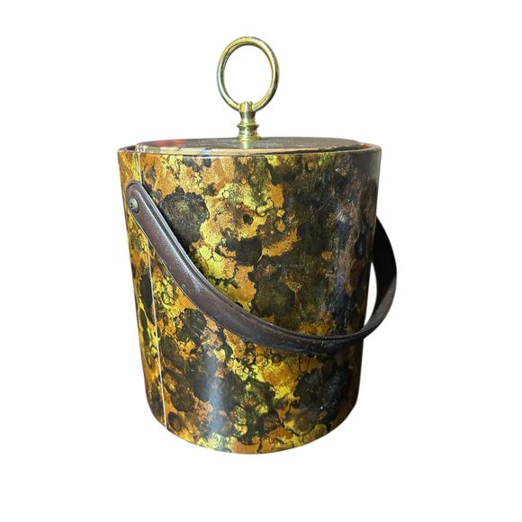 Vintage 70s Morgan Designs Tortoise Shell Ice Bucket w/ Wood Lid Retro Barware - Picture 2 of 8